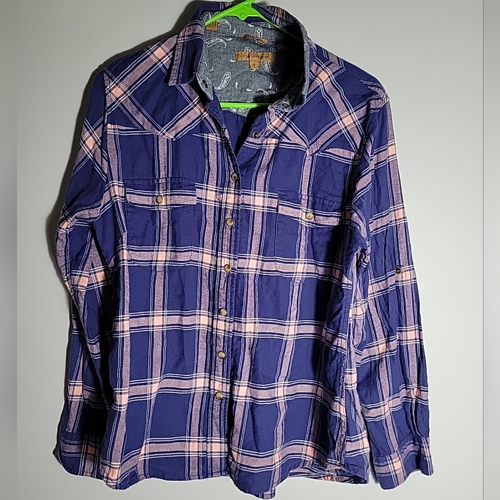 Jachs Girlfriend Womens Flannel Shirt Size M Blue Pink Plaid Pearl Snaps Western